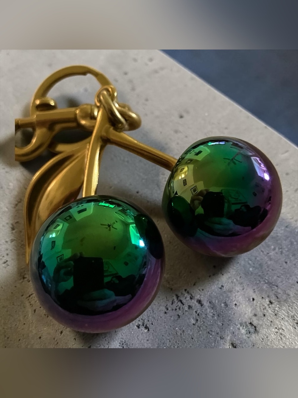 Gold Cherry Keychain with Iridescent Green-Purple Cherries - Picture 4 of 4